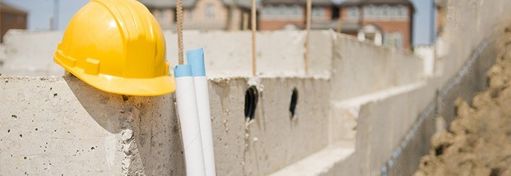 Construction hat placed on building foundation at construction site